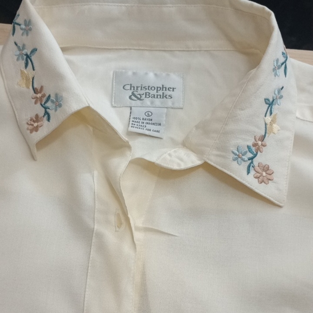 Christopher & Banks Floral Embroidered Cream Shirt